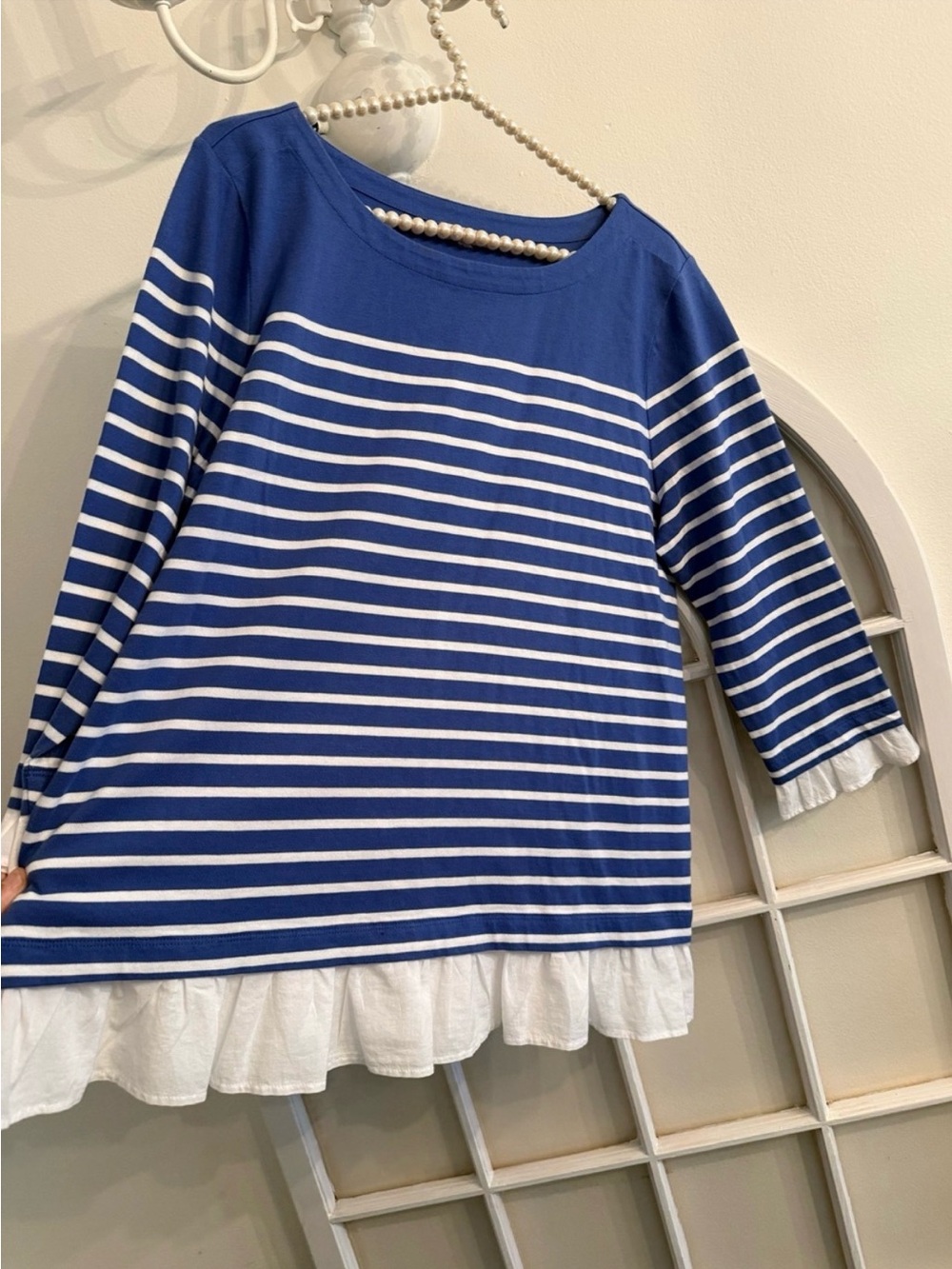 Talbots Blue White Striped Tunic Top 3/4 Sleeve Ruffle Hem Crewneck Lagenlook